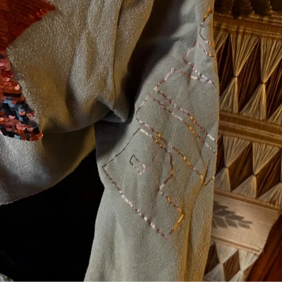 PINK VICTORIAS SECRET GREEN RUST SEQUINS GOLD SCRIPT SLEEVE CROP HOODIE LARGE - Picture 3 of 13